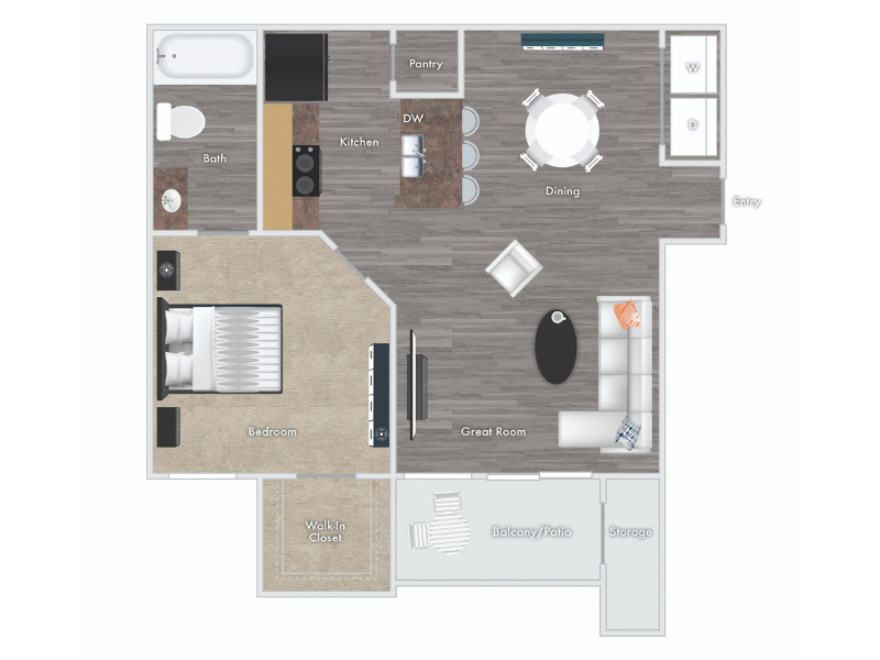 Bainbridge floor plan - 1 bed 1 bath with balcony and storage