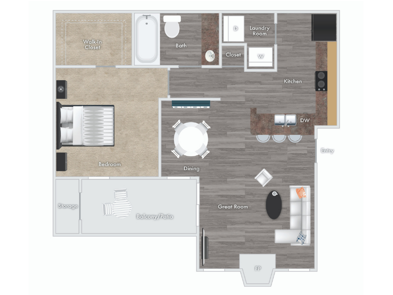 Kenmore floor plan - 1 bed 1 bath with fireplace, balcony, and storage