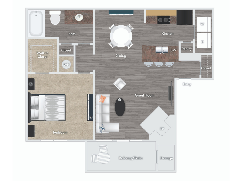 Melville floor plan - 1 bed 1 bath with fireplace, balcony, and storage