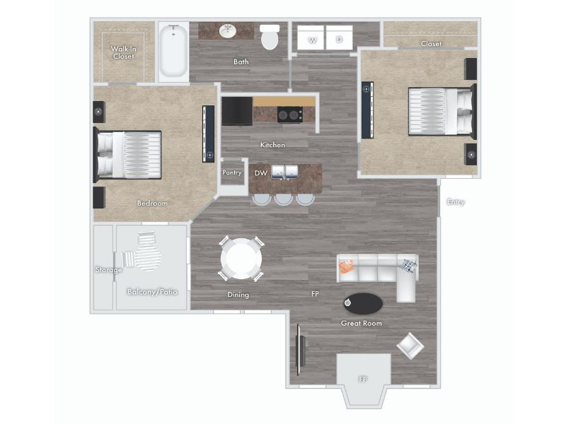 Raleigh floor plan - 1 bed 1 bath with fireplace, balcony and storage