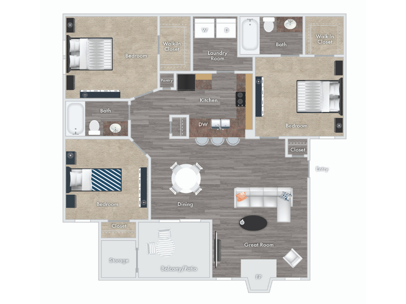 Ryland floor plan - 3 bed 2 bath with fireplace, balcony, and storage