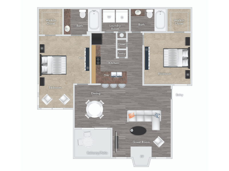 Tucker floor plan - 2 bed 2 bath with fireplace and balcony