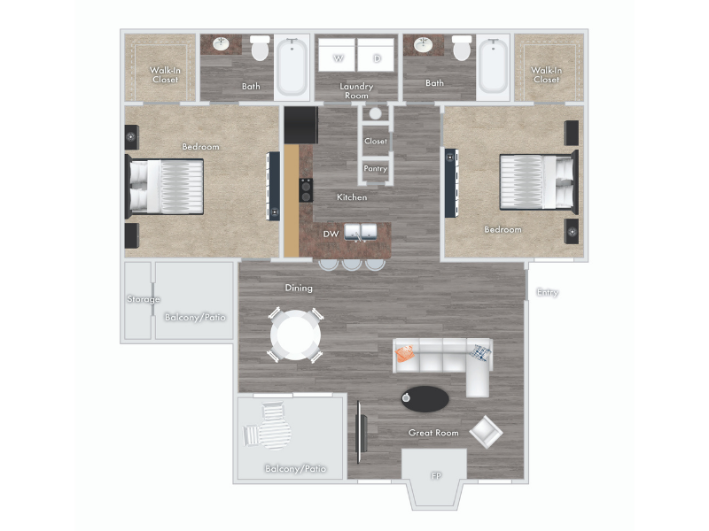 Tyler floor plan - 2 bed 2 bath with fireplace, two balconies and storage